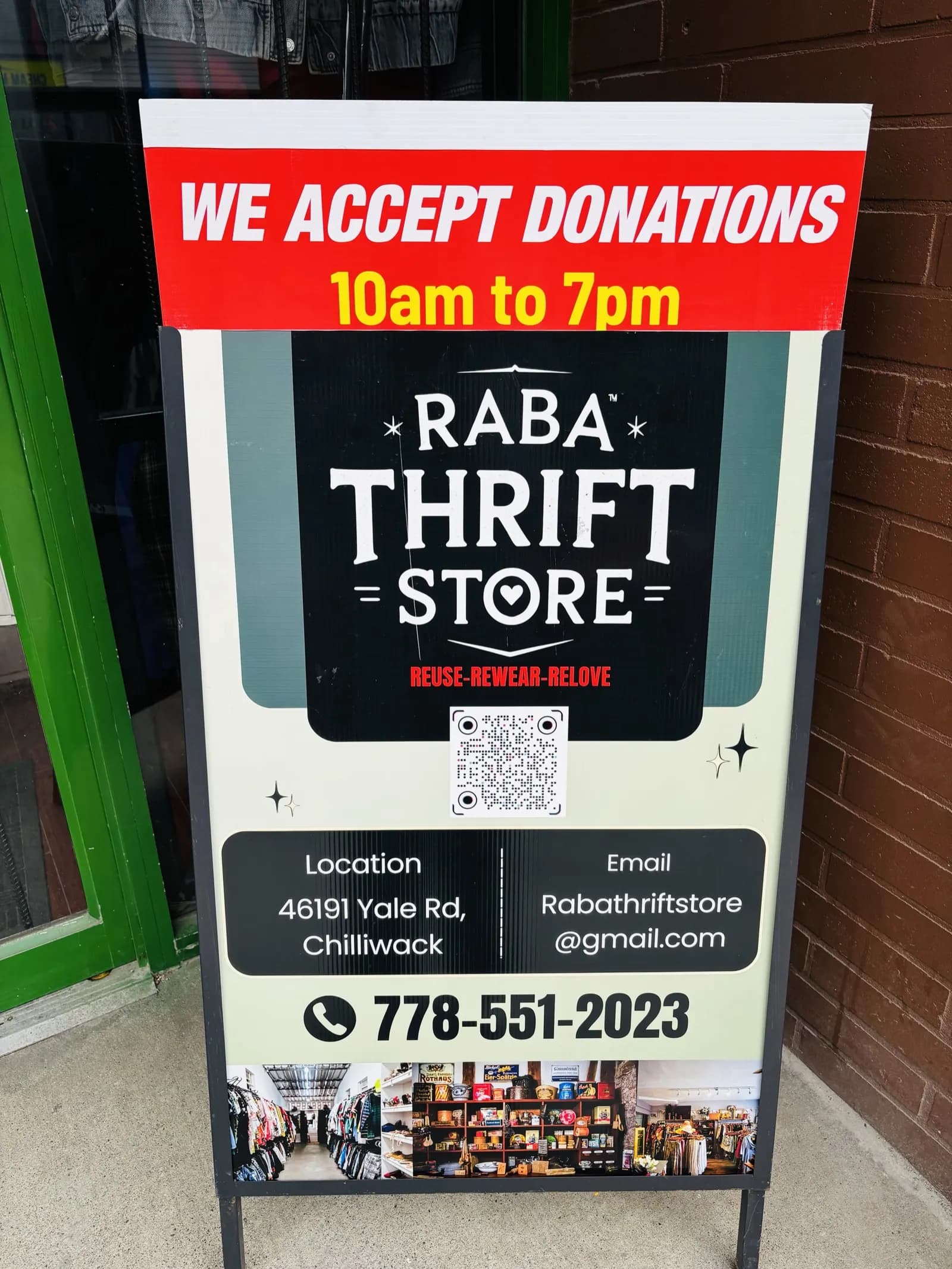 Raba Thrift Store donation sign