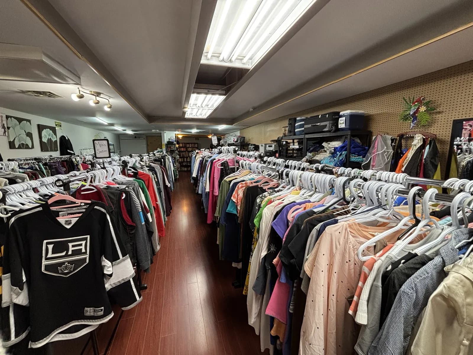 Store interior with clothing racks